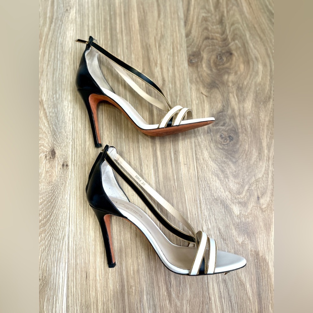 Grigiarancio Leather Black Gold White Strappy Spiked Heel Zip Back heels 7.5